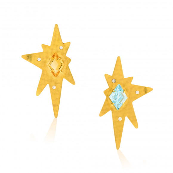 SKP.190271_Anastasia Kessaris_Asterisco Brushed Yellow Gold Diamond Citrine and Aquamarine Earrings